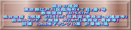 組合の施設 東京都江戸川区臨海町4丁目2番1号 敷地面積　2,075.57㎡ 組合会館　2階建　875.13㎡（役員室・事務室・会議室等） 給油スタンド　平屋建　357.4㎡（事務室・倉庫等） 設備　10ｋℓ地下タンク10基　計量機6基